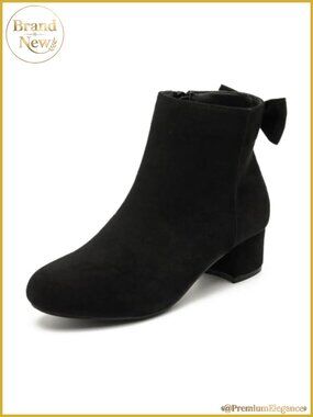 Vegan Suede Bow Ankle Boots Low Chunky Heel Side Zip Dress Booties
